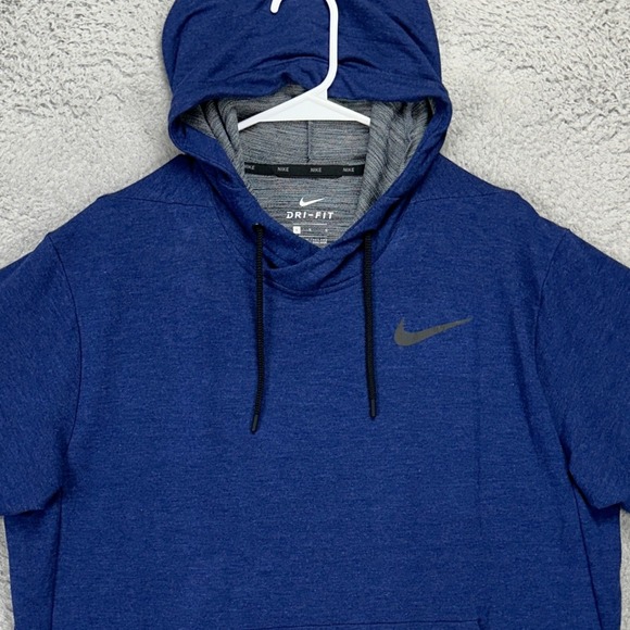 Nike Dri-Fit Mens Hoodie Shirt Large Blue Short Sleeve Drawstring Stretch Swoosh